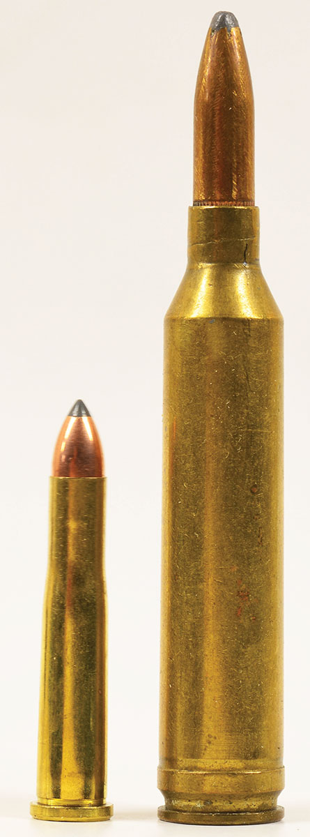 In P.O. Ackley’s opinion – and he would know – a 264 Winchester Magnum case (right) necked down to 22 would probably deliver lower velocity than the factory 22 Hornet (left). Some wildcats are best left in the idea stage.